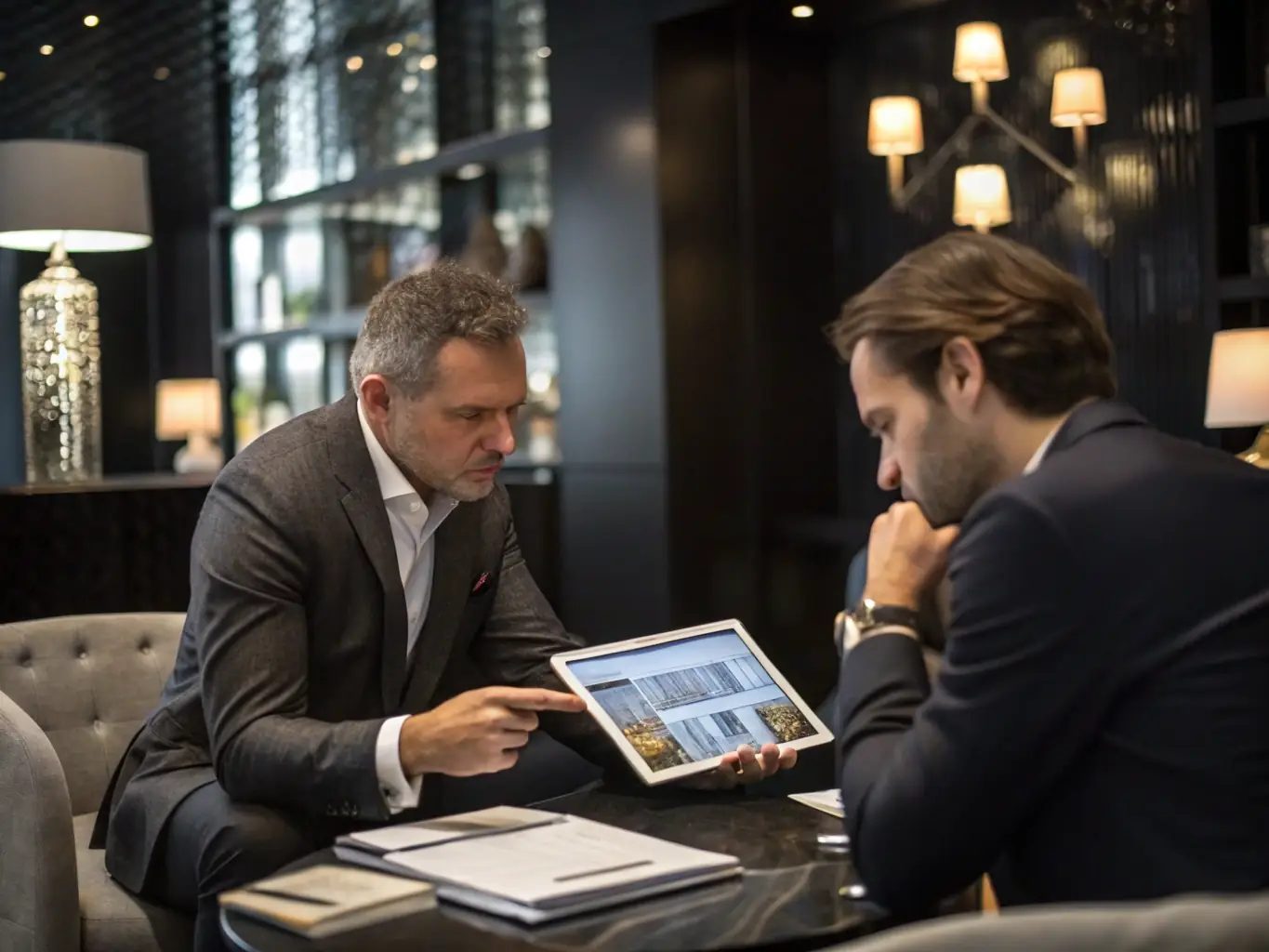 An image of a professional consultant discussing investment options with clients over a digital map of international properties, symbolizing Latam Power Brokers' expertise in cross-border real estate consulting.
