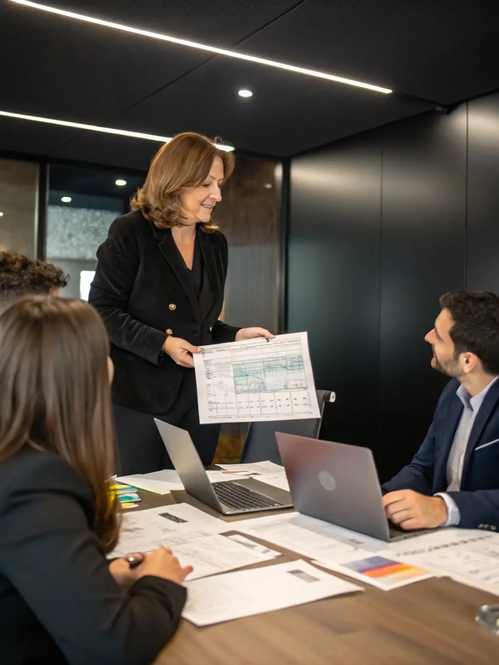 An image of a professional consultant discussing investment options with clients over a digital map of international properties, symbolizing Latam Power Brokers' Cross-Border Real Estate Consulting service.