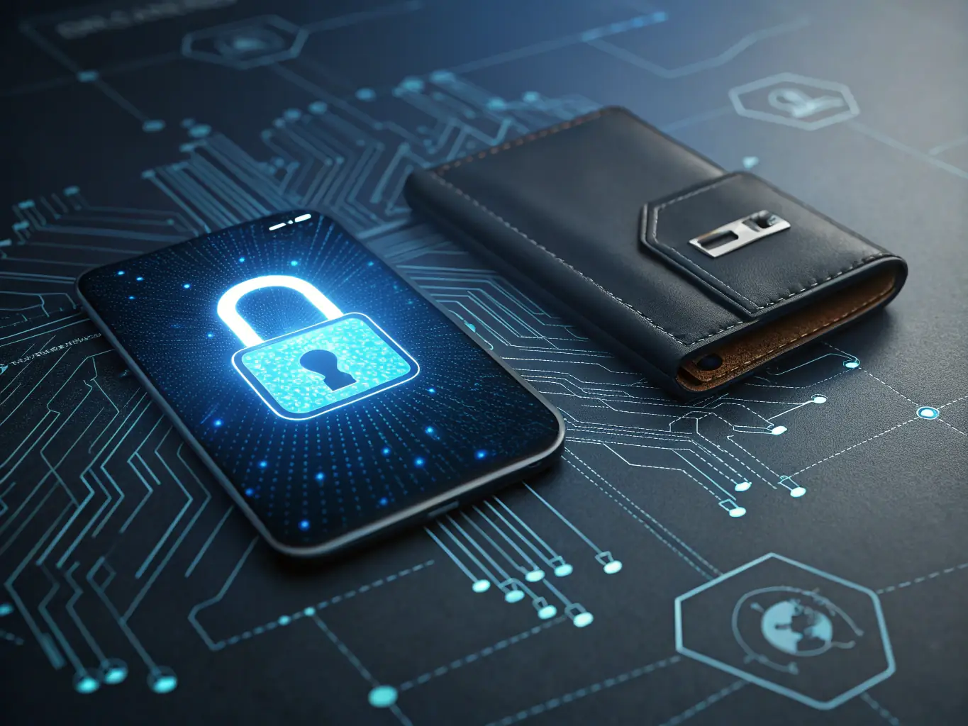 An image of a digital wallet and blockchain icons overlaying a luxury property background, representing Latam Power Brokers' cryptocurrency integration for real estate transactions.