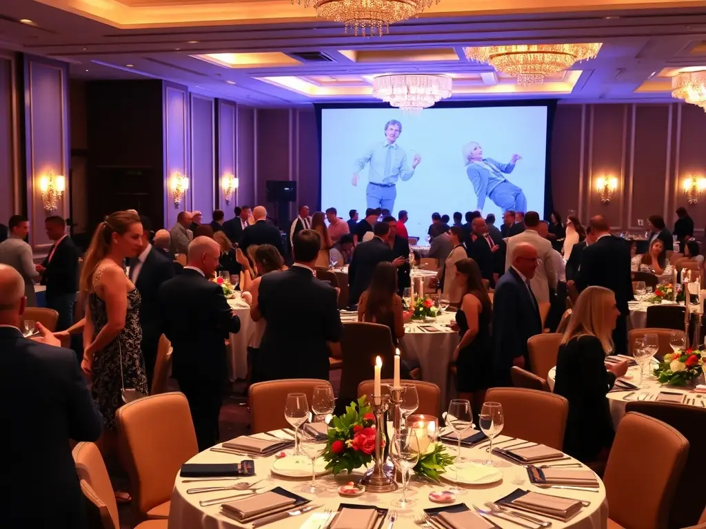 An elegant dinner event with attendees in business attire, symbolizing the fine dining and networking experiences offered by Latam Power Brokers.