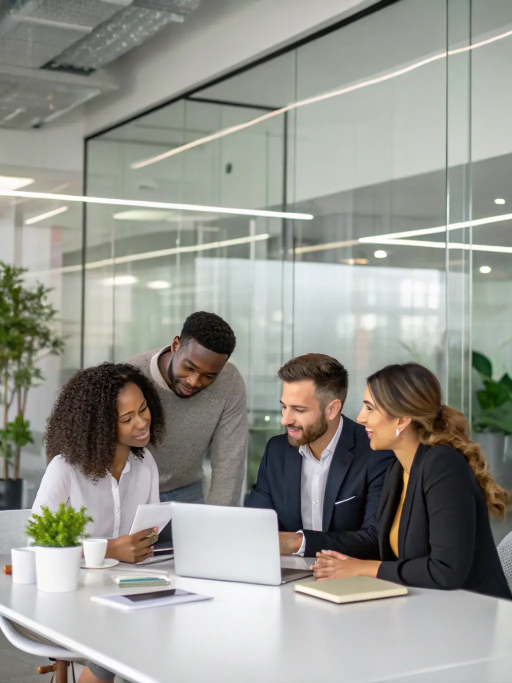 A photograph of a diverse group of people collaborating in a modern office space, emphasizing the community-driven approach of Latam Power Brokers.